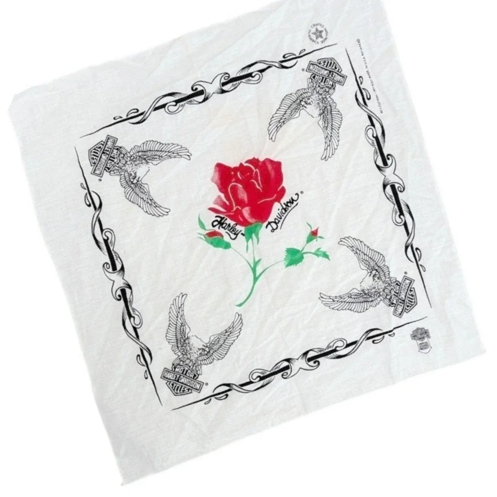 Vintage Official Harley-Davidson Rose Bandana Made In USA Eagles Black and White